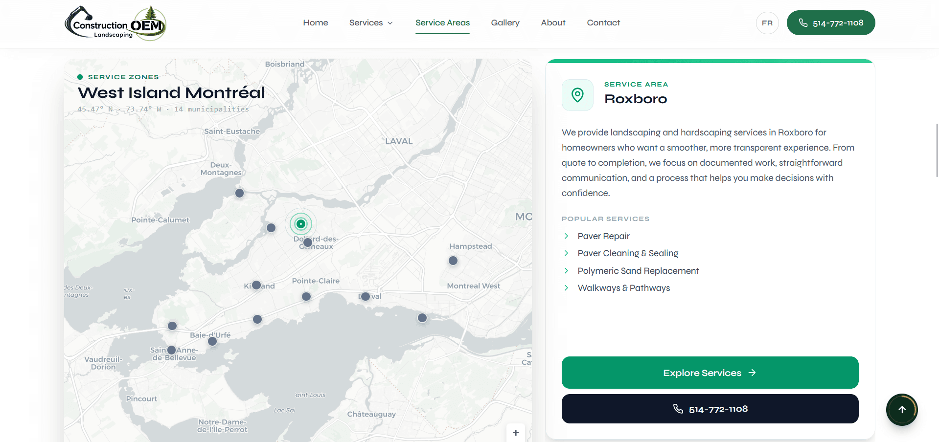 Screenshot of the Construction OEM website (constructionoem.ca) — Paving & Landscaping Website (Montreal, Canada)