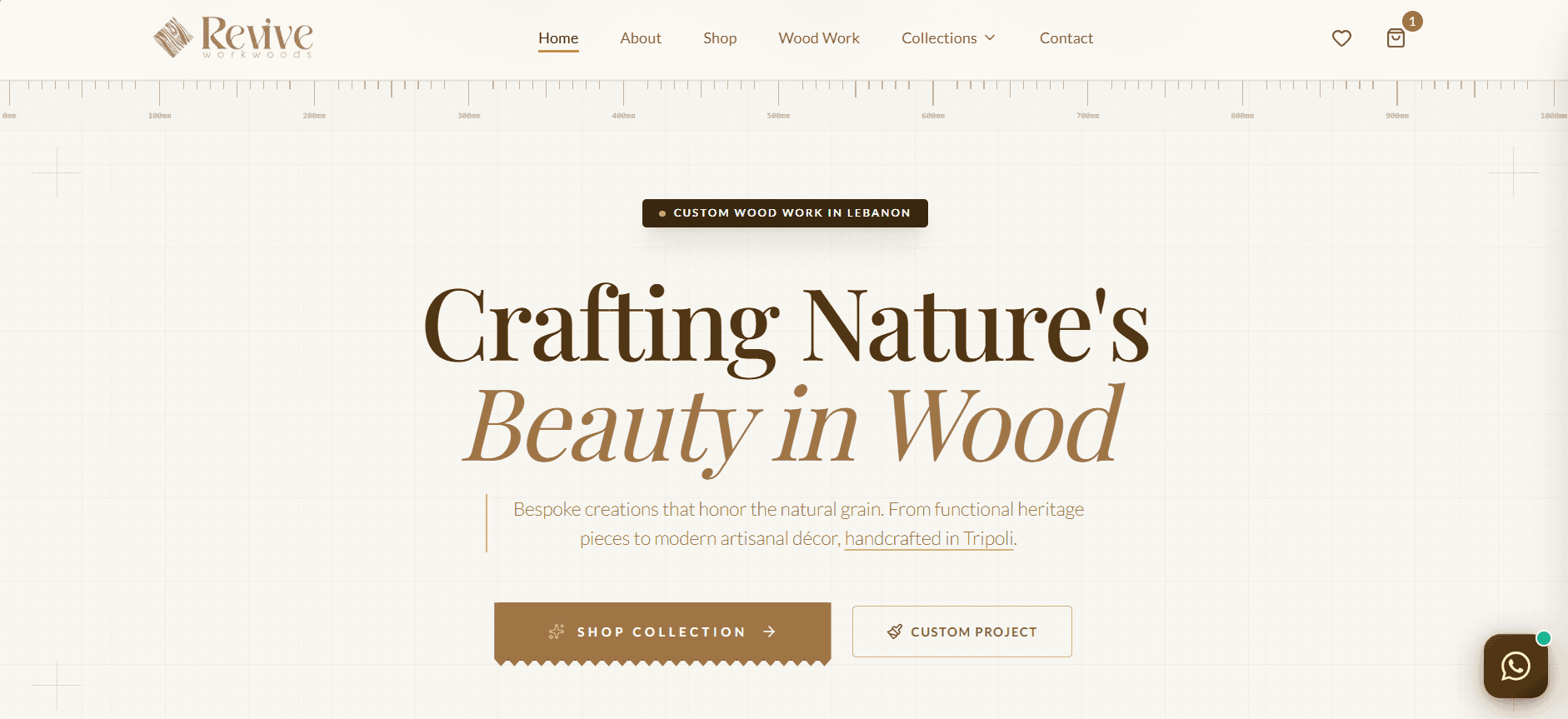 Screenshot of the Revive WoodWork website (revivelb.site) — Handcrafted Woodwork E-Commerce (Tripoli, Lebanon)